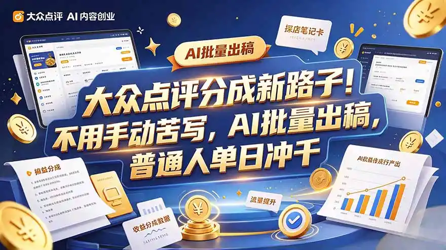 大众点评副业新玩法，工具提效解放双手，批量做笔记，单日可破千-聚创源
