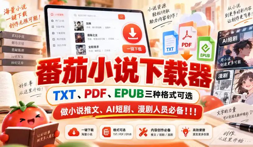 番茄小说下载器，TXT、PDF、EPUB三种格式可选，做小说推文、AI短剧、漫剧人员必备！！！-聚创源