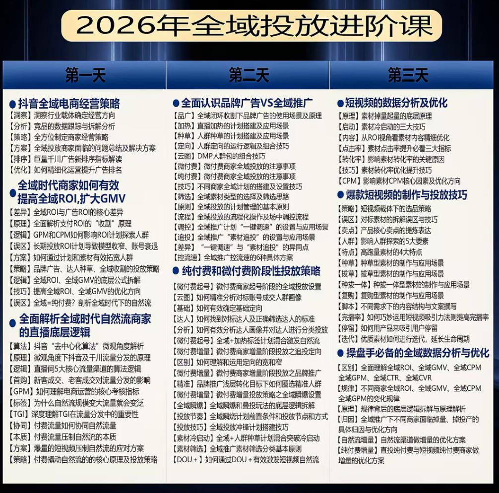 千川扫地僧2026抖音全域投放进阶课，少走弯路·快速起量·掌控增长，6月12-14号杭州线下课(更新)-聚创源