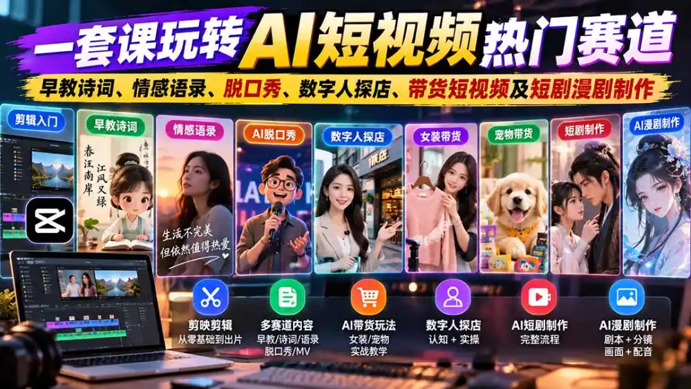 一套课玩转AI短视频热门赛道：早教诗词、情感语录、脱口秀、数字人探店、带货短视频及短剧漫剧制作 复制标题-聚创源