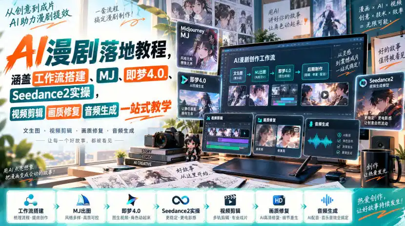 AI漫剧落地教程，涵盖工作流搭建、MJ、即梦4.0、Seedance2实操，视频剪辑画质修复音频生成一站式教学-聚创源