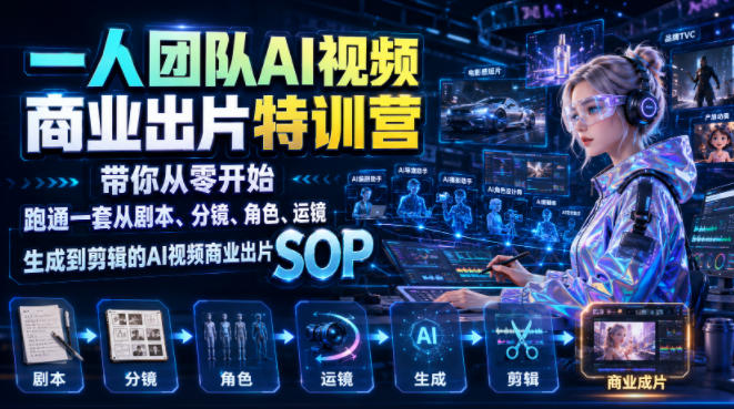 一人团队AI视频商业出片实战课：带你从零开始跑通一套从剧本、分镜、角色、运镜、生成到剪辑的AI视频商业出片SOP-聚创源
