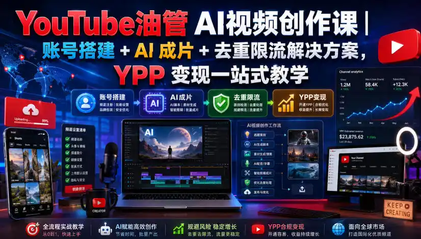 YouTube油管AI视频创作课|账号搭建+AI成片+去重限流解决方案,YPP变现一站式教学(更新0809)-聚创源