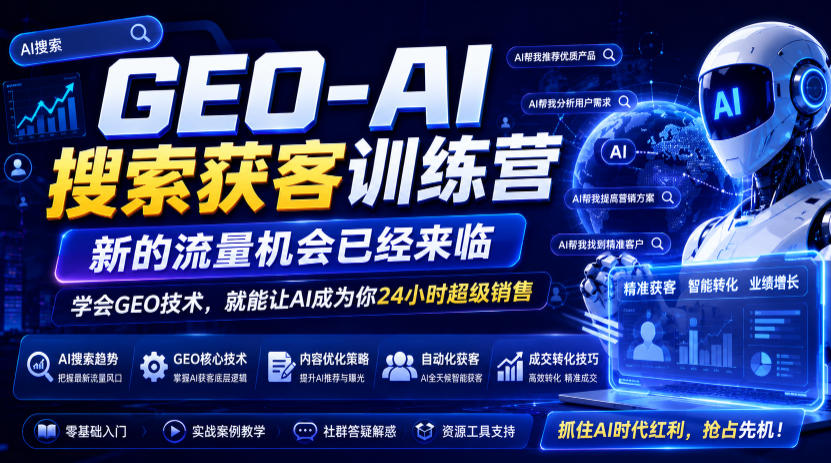 GEO-AI搜索获客训练营，新的流量机会已经来临，学会GEO技术，就能让AI成为你24小时超级销售-聚创源