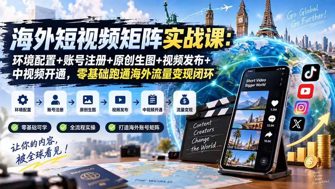 海外短视频矩阵实战课：环境配置+账号注册+原创生图+视频发布+中视频开通，零基础跑通海外流量变现闭环-聚创源