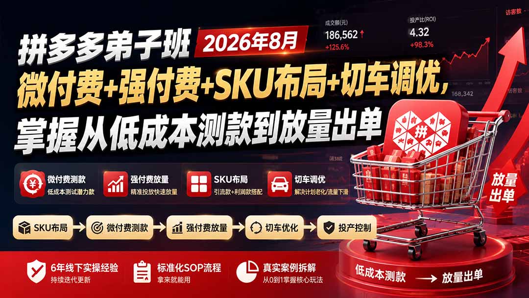 拼多多弟子班2026年8月：微付费+强付费+SKU布局+切车调优，掌握从低成本测款到放量出单-聚创源