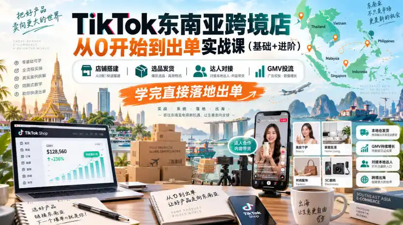 TikTok东南亚跨境店从0开始到出单实战课(基础+进阶)，店铺搭建、选品发货、达人对接、GMV投流，学完直接落地出单-聚创源