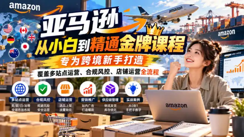 亚马逊从小白到精通金牌课程，专为跨境新手打造，覆盖多站点运营、合规风控、店铺运营全流程-聚创源
