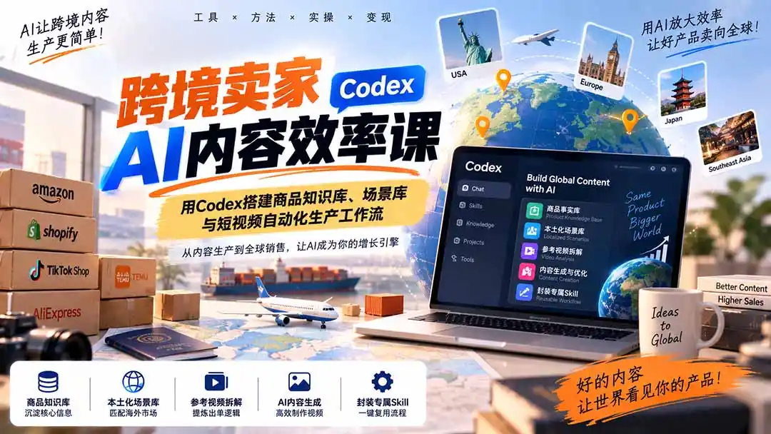跨境卖家AI内容效率课：用Codex搭建商品知识库、场景库与短视频自动化生产工作流-聚创源
