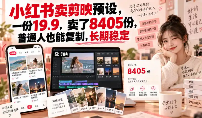 小红书卖剪映预设，一份19.9，卖了8405份，普通人也能复制，长期稳定-聚创源