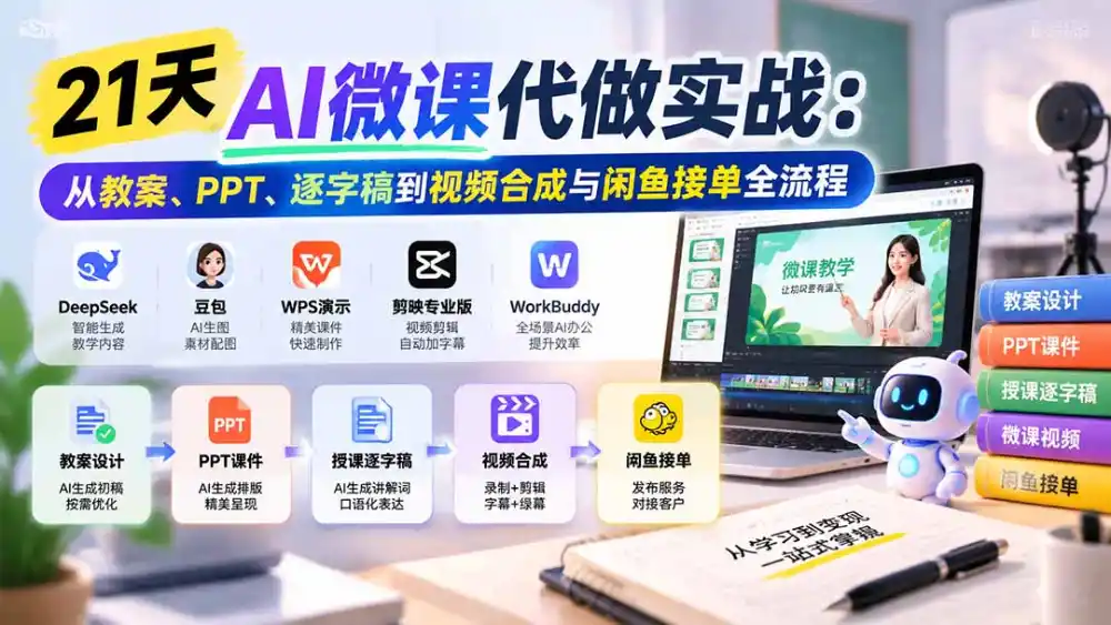 21天AI微课代做实战：从教案、PPT、逐字稿到视频合成与闲鱼接单全流程-聚创源