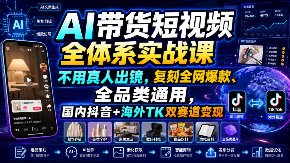 AI带货短视频全体系实战课，不用真人出镜，复刻全网爆款、全品类通用，国内抖音+海外TK双赛道变现-聚创源