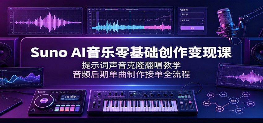 Suno AI音乐零基础创作变现课：提示词声音克隆翻唱教学，音频后期单曲制作接单全流程-聚创源