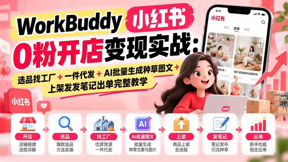 WorkBuddy小红书0粉开店变现实战：选品找工厂+一件代发+AI批量生成种草图文+上架发发笔记出单完整教学-聚创源