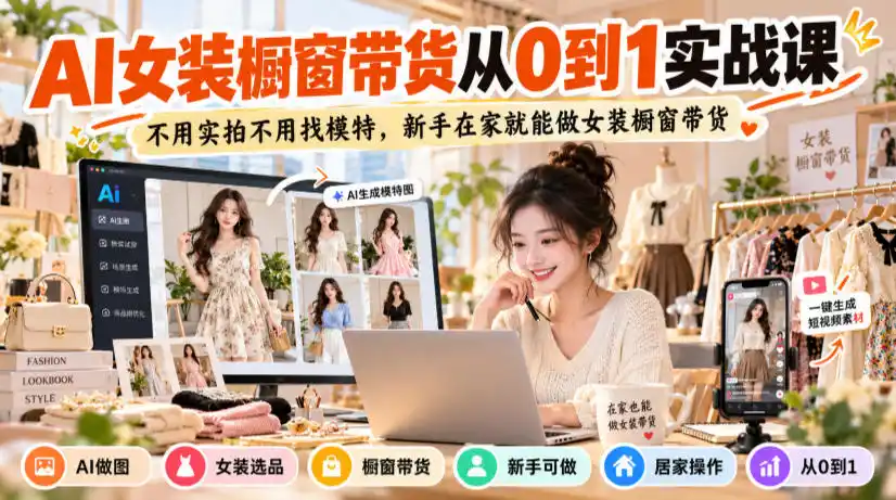 AI女装橱窗带货从0到1实战课，不用实拍不用找模特，新手在家就能做女装橱窗带货-聚创源