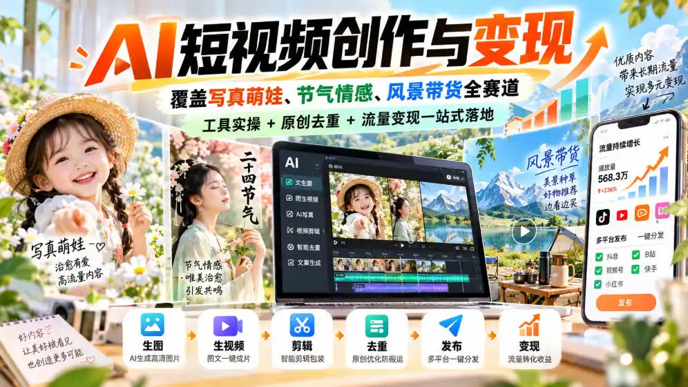 AI短视频创作与变现，覆盖写真萌娃、节气情感、风景带货全赛道，工具实操+原创去重+流量变现一站式落地-聚创源