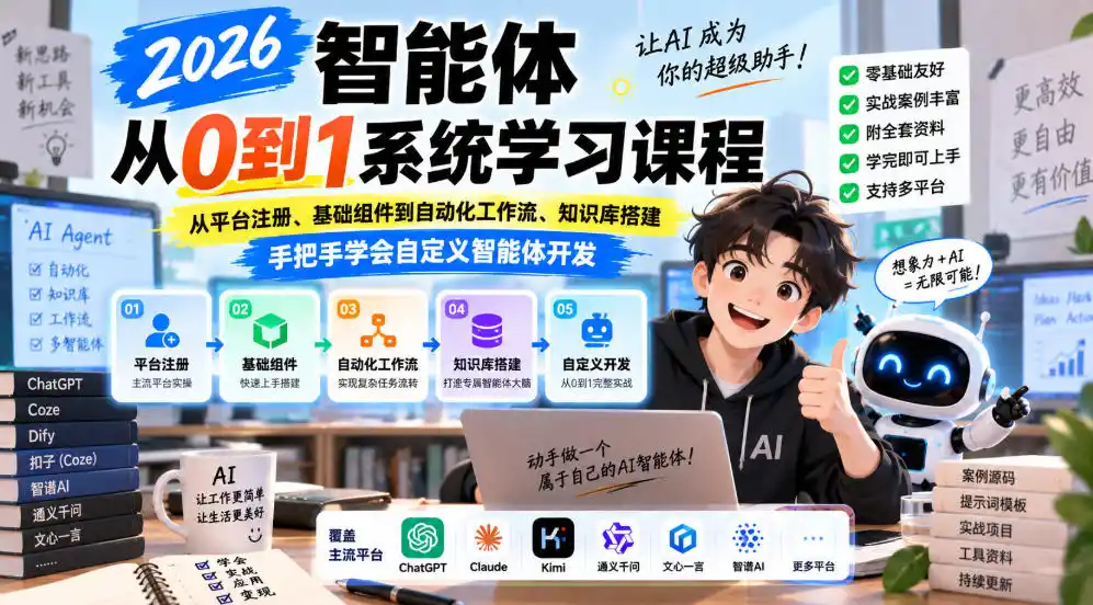 2026智能体从0到1系统学习课程，从平台注册、基础组件到自动化工作流、知识库搭建，手把手学会自定义智能体开发-聚创源