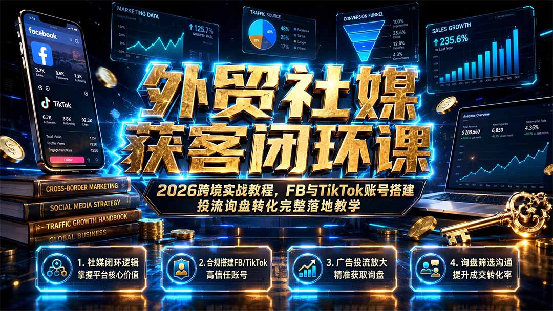 外贸社媒获客闭环课｜2026跨境实战教程，FB与TikTok账号搭建投流询盘转化完整落地教学-聚创源