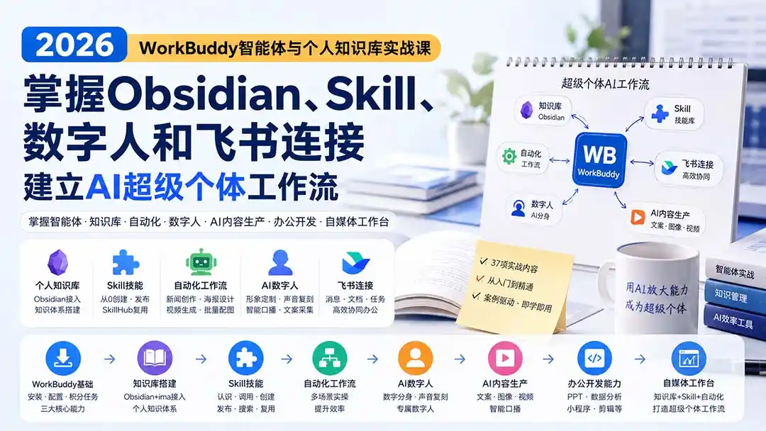 2026 WorkBuddy智能体与个人知识库实战课：掌握Obsidian、Skill、数字人和飞书连接，建立AI超级个体工作流-聚创源