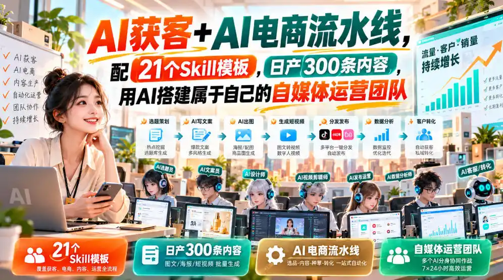 AI获客+AI电商流水线，配21个Skill模板，日产300条内容，用AI搭建属于自己的自媒体运营团队-聚创源