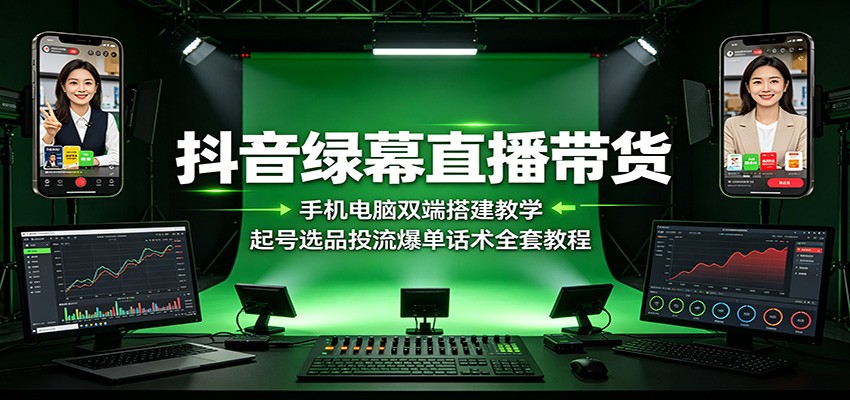 抖音绿幕直播带货：手机电脑双端搭建教学，起号选品投流爆单话术全套教程-聚创源
