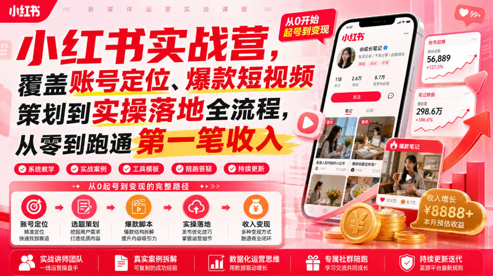 小红书实战营，覆盖账号定位、爆款短视频策划到实操落地全流程，从零到跑通第一笔收入-聚创源