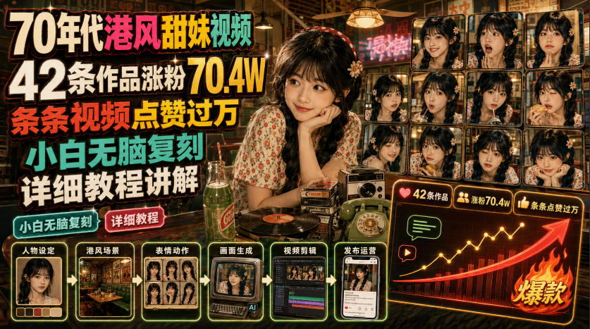 70年代港风甜妹视频,42条作品涨粉70.4W,条条视频点赞过万,小白无脑复刻,详细教程讲解-聚创源