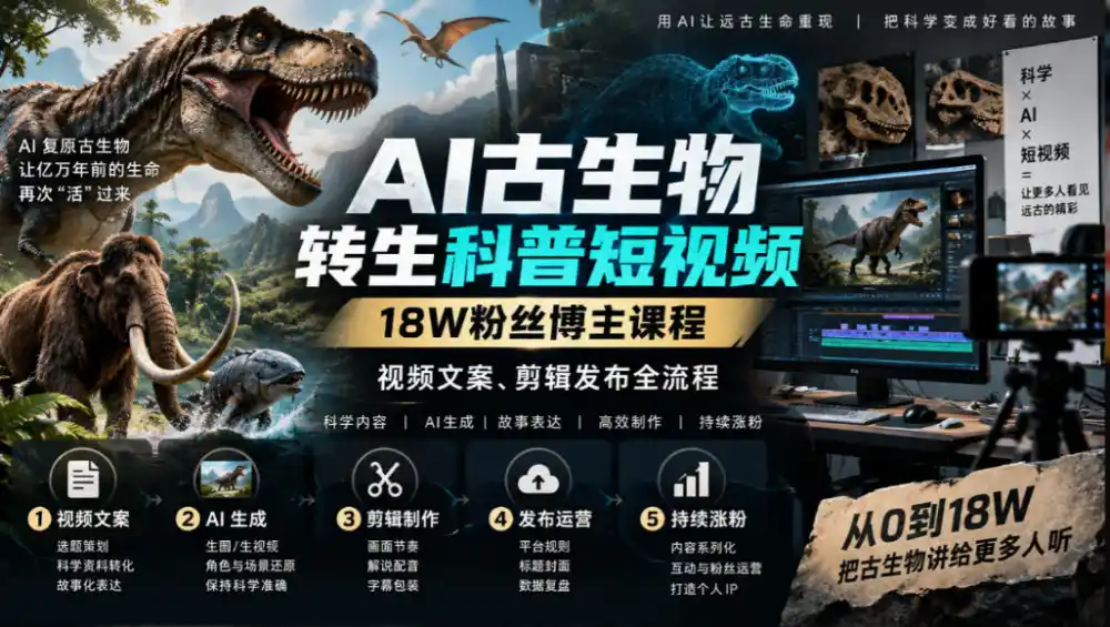 AI古生物转生科普短视频,18W粉丝博主课程,视频文案、剪辑发布全流程-聚创源