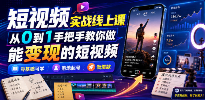 短视频实战线上课，从0到1手把手教你做能变现的短视频，零基础可学，落地起号做爆款-聚创源