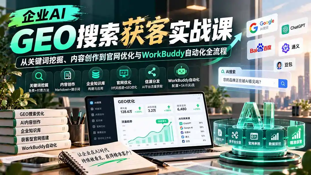 企业AI GEO搜索获客实战课：从关键词挖掘、内容创作到官网优化与WorkBuddy自动化全流程-聚创源