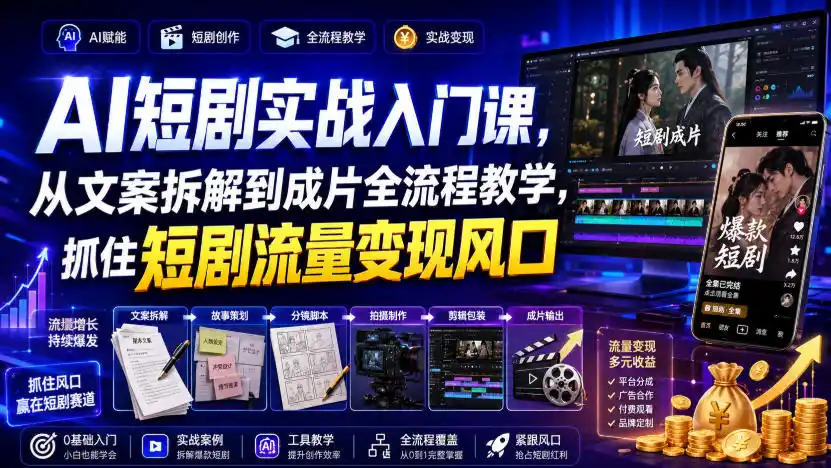 AI短剧实战入门课,从文案拆解到成片全流程教学,抓住短剧流量变现风口-聚创源