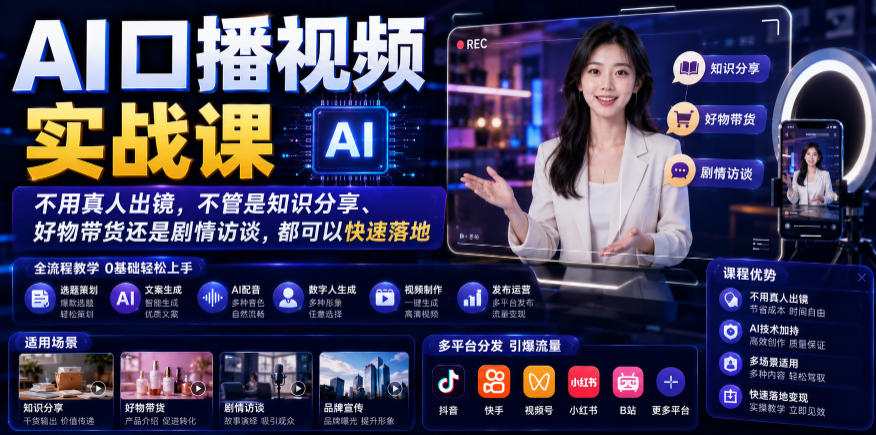 AI口播视频实战课，不用真人出镜，不管是知识分享、好物带货还是剧情访谈，都可以快速落地-聚创源