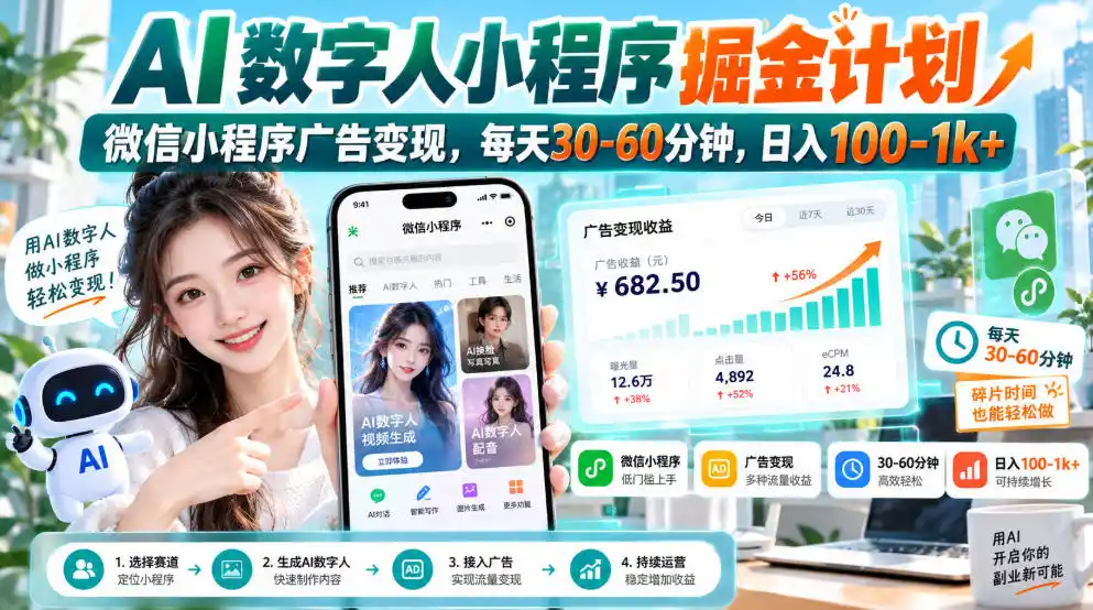 【无水印】AI数字人小程序掘金计划，微信小程序广告变现，每天30‑60分钟，日入100‑1k+-聚创源