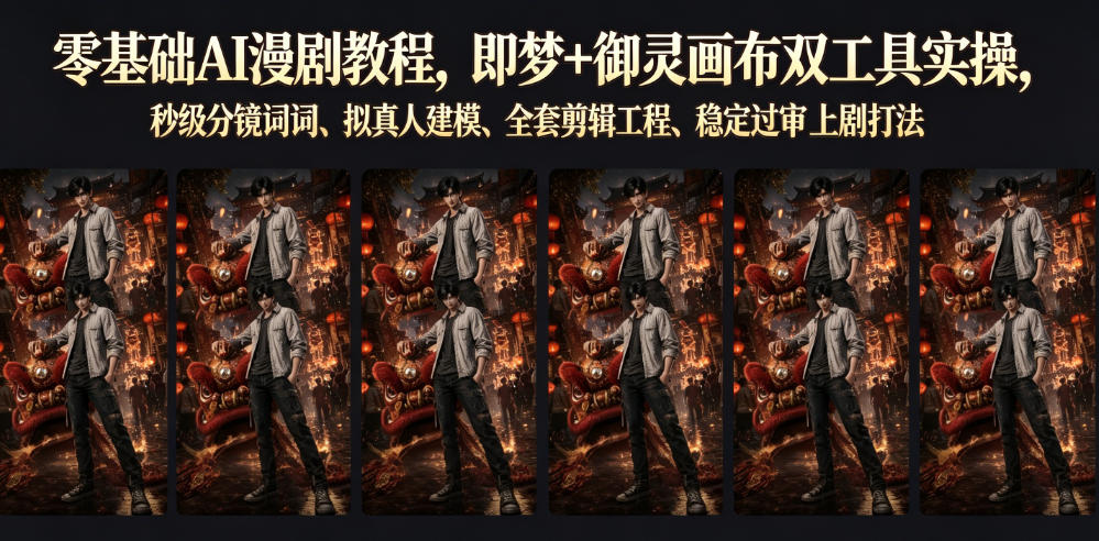 零基础AI漫剧教程，即梦+御灵画布双工具实操，秒级分镜提示词、拟真人建模、全套剪辑工程、稳定过审上剧打法-聚创源