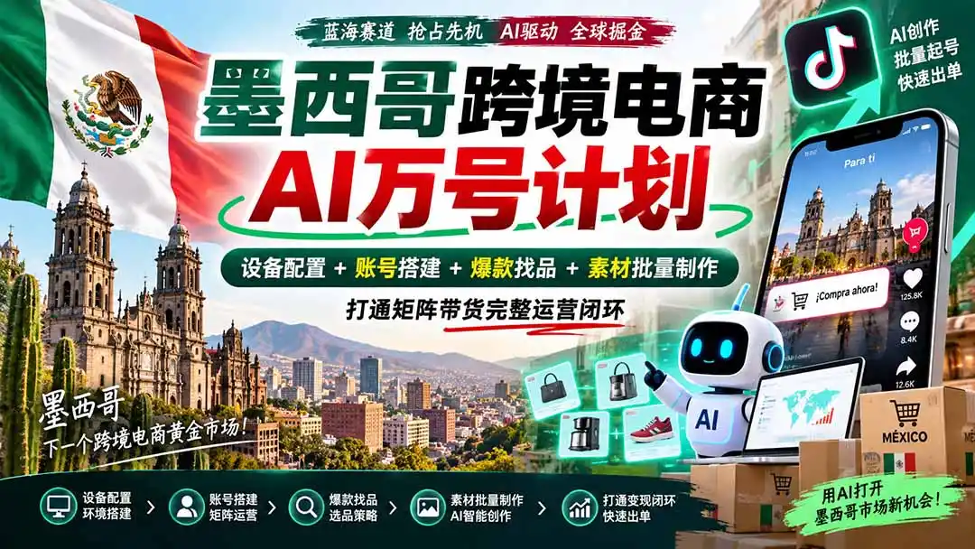 墨西哥AI跨境电商万号计划｜设备配置+账号搭建+爆款找品+素材批量制作，打通矩阵带货完整运营闭环-聚创源