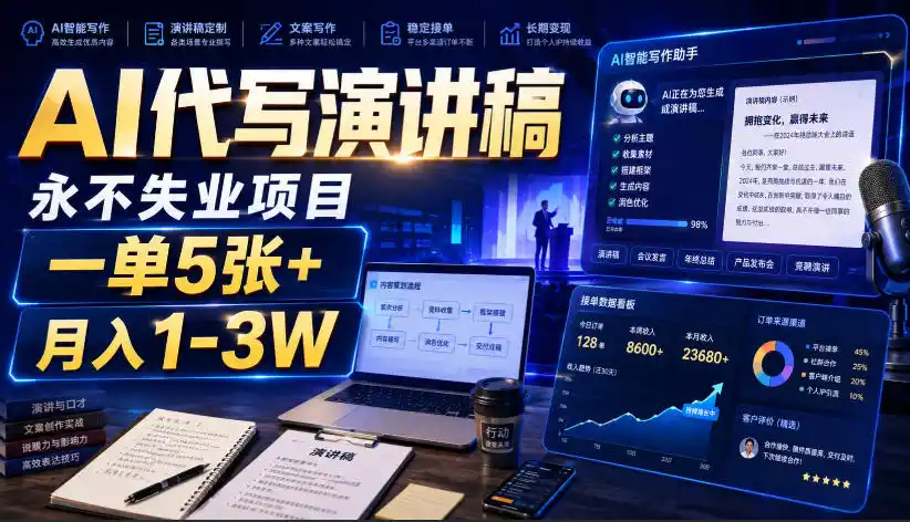 AI代写演讲稿，永不失业项目，一单5张+，月入1-3W【揭秘】-聚创源