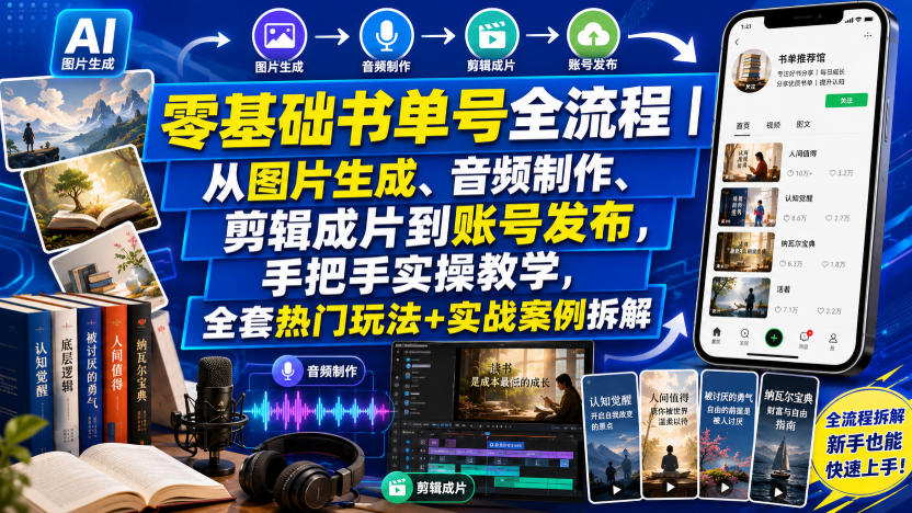 零基础书单号全流程｜从图片生成、音频制作、剪辑成片到账号发布，手把手实操教学，全套热门玩法+实战案例拆解-聚创源