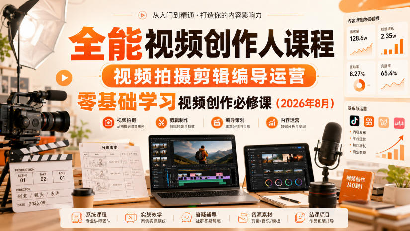 全能视频创作人课程，视频拍摄剪辑编导运营，零基础学习视频创作必修课(2026年8月)-聚创源