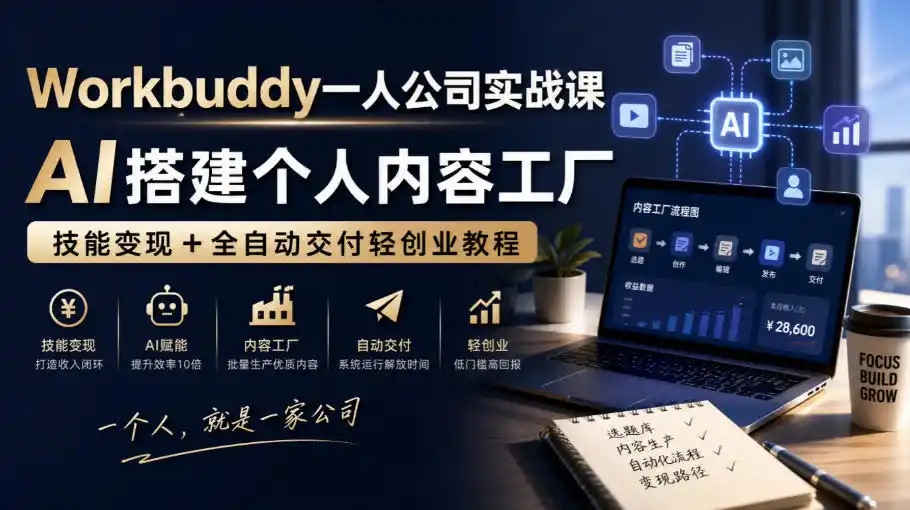 Workbuddy一人公司实战课，AI搭建个人内容工厂，技能变现+全自动交付轻创业教程-聚创源
