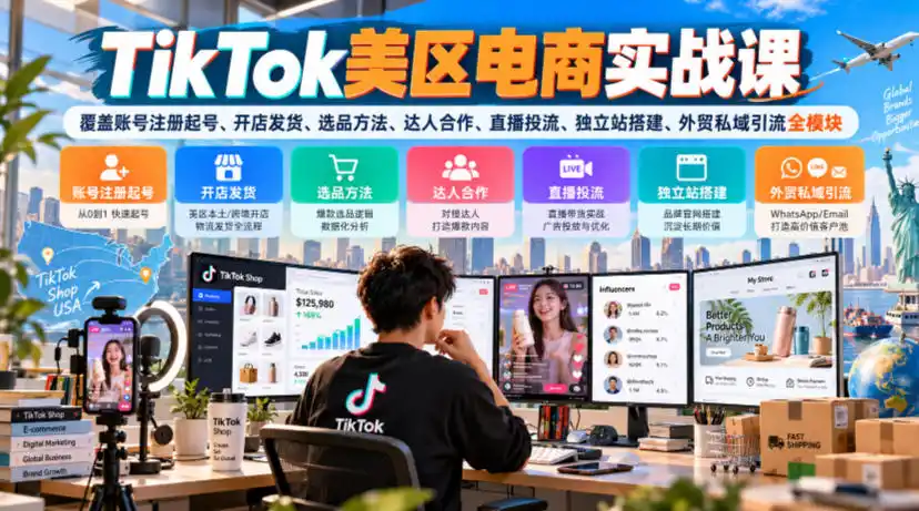 TikTok美区电商实战课，覆盖账号注册起号、开店发货、选品方法、达人合作、直播投流、独立站搭建、外贸私域引流全模块-聚创源