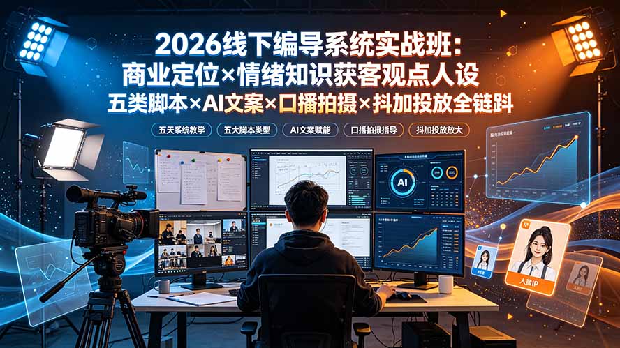2026线下编导系统实战班：商业定位×情绪知识获客观点人设五类脚本×AI文案×口播拍摄×抖加投放全链路-聚创源