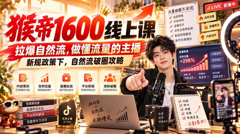 猴帝1600线上课，拉爆自然流，做懂流量的主播，新规政策下，自然流破圈攻略【更新260926】-聚创源