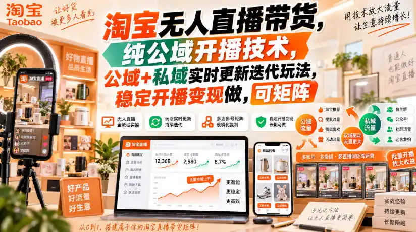 淘宝无人直播带货，纯公域开播技术，公域+私域实时更新迭代玩法，稳定开播变现做，可矩阵【揭秘】-聚创源
