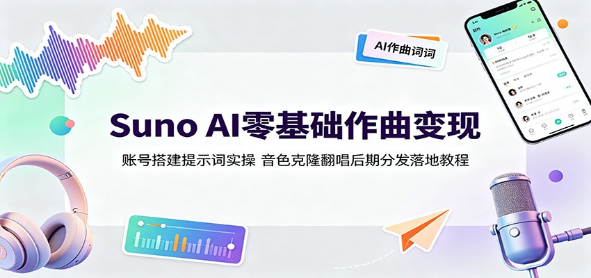 Suno AI零基础作曲变现：账号搭建提示词实操，音色克隆翻唱后期分发落地教程-聚创源