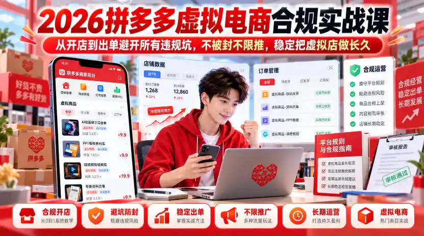 2026拼多多虚拟电商合规实战课，从开店到出单避开所有违规坑，不被封不限推，稳定把虚拟店做长久-聚创源
