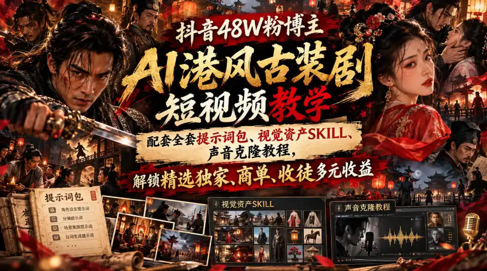 抖音48W粉博主AI港风古装剧短视频教学，配套全套提示词包、视觉资产SKILL、声音克隆教程，解锁精选独家、商单、收徒多元收益-聚创源