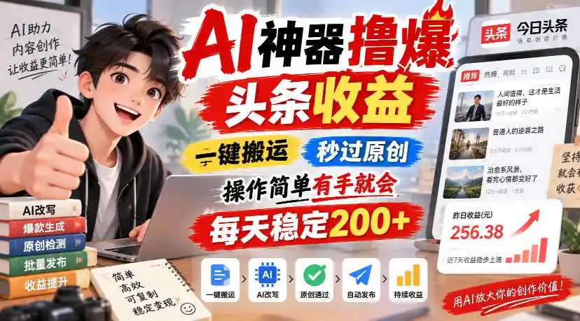 AI神器撸爆头条收益，一键搬运，秒过原创，操作简单有手就会，每天稳定200+【揭秘】-聚创源