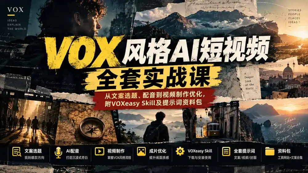 【无水印】VOX风格AI短视频全套实战课：从文案选题、配音到视频制作优化，附VOXeasy Skill及提示词资料包-聚创源
