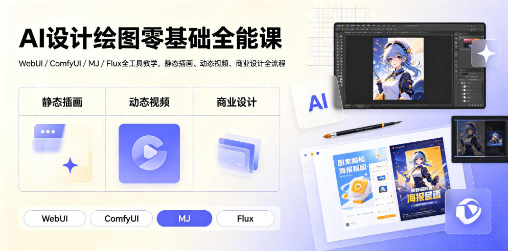 AI设计绘图零基础全能课｜WebUI/ComfyUI/MJ/Flux全工具教学，静态插画、动态视频、商业设计全流程-聚创源