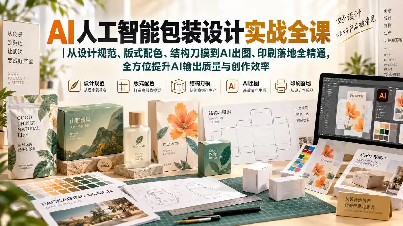 AI人工智能包装设计实战全课｜从设计规范、版式配色、结构刀模到AI出图、印刷落地全精通-聚创源